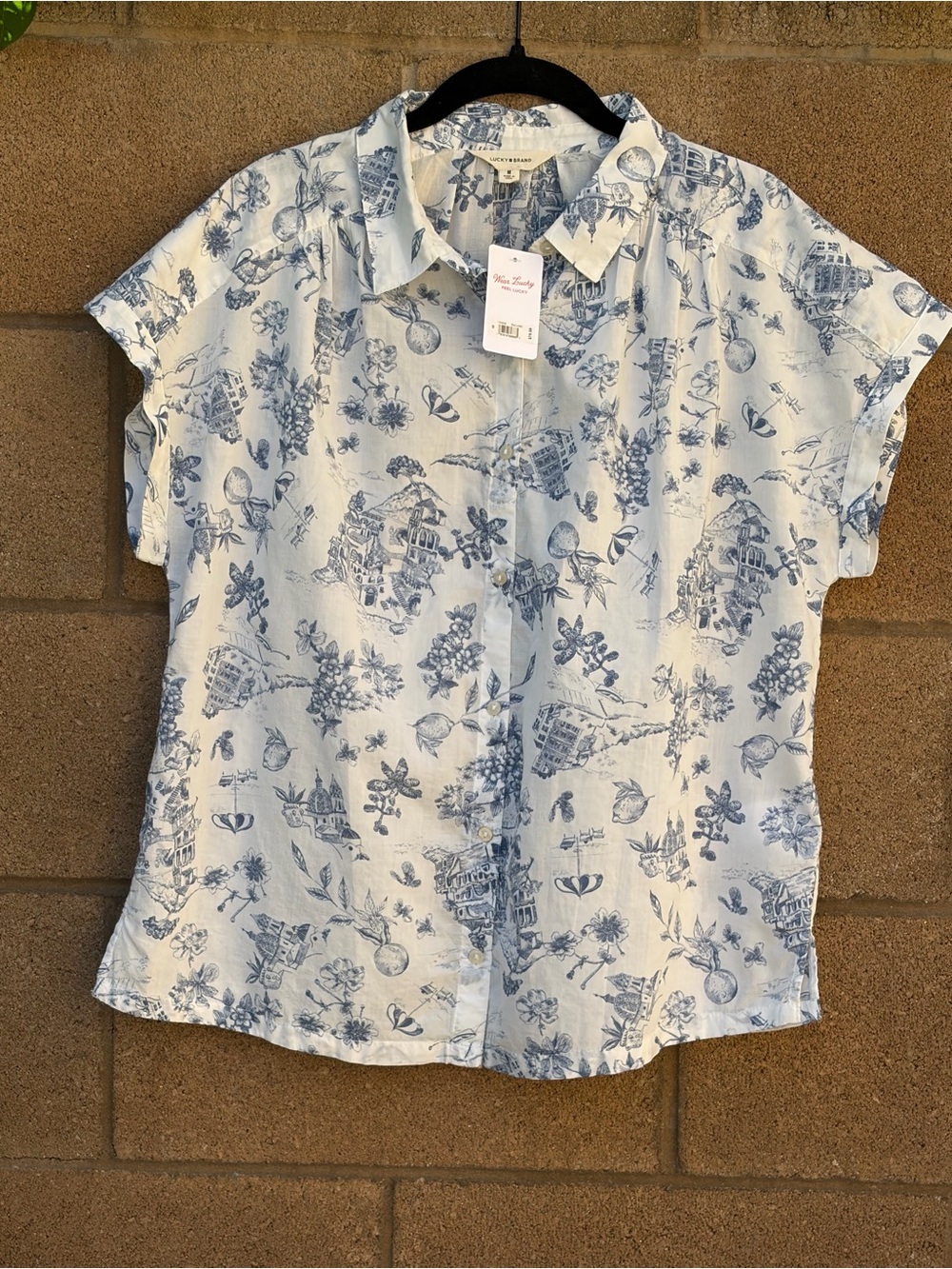 Lucky Brand Blue White Pattern Short-Sleeve Button Front Top